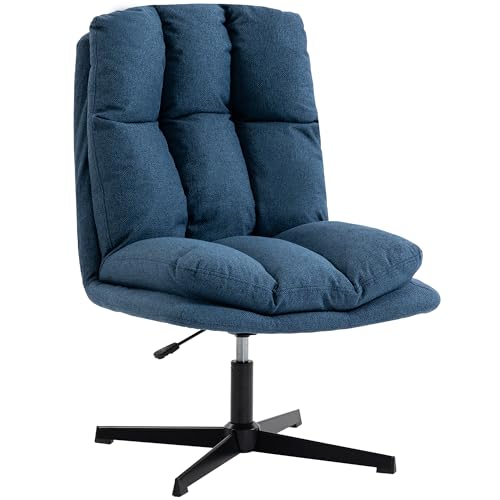 HOMCOM Butaca de Salón, Sillón Ergonómico Giratorio 360°, Sillón Relax con Altura Ajustable, Asiento Ancho, Tapizado en Lino, Base de Metal para Sala de Estar, Dormitorio, Azul Oscuro