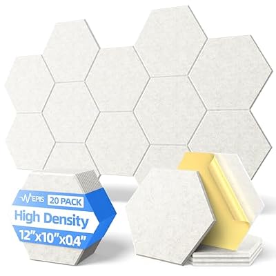 20 Pack Acoustic Panels with Self Adhesive, 12" X 12" X 0.4" High Density Sound Proof Foam Panels for Walls, Soundproof Wall Panels, Hexagon Sound Absorbing Panels for Home Studio Office Decor - Ivory