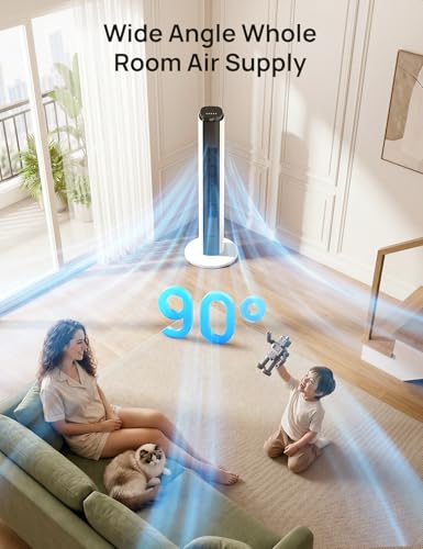 Image of ZAFRO Tower Fan for Bedroom, 37'' Bladeless Fans with 4 Modes 6 Speeds, 26 ft /s Velocity, 28dB Quiet for Sleep, LED Touchpad & 12H Timer, 90 Oscillating Floor Fans that Blow Air, Black+White