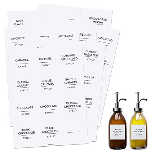 AIEX Coffee Syrup Labels, 84pcs Waterproof White Minimalist Stickers for Bottles, Bar Containers, Dispenser Organization