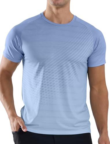 Men's Athletic Running T-Shirts Quick Dry Gym Workout Shirts Moisture Wicking Short-Sleeve Lightweight Sports Tee Tops Performance Activewear Mist Blue L