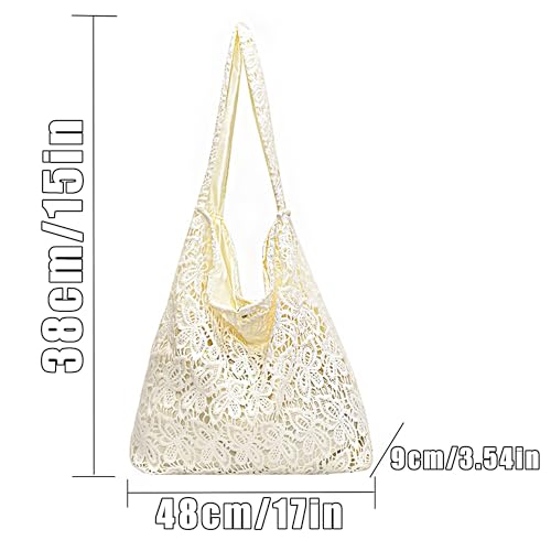 Crochet Tote Bag, Blanco, Unisex, Playa, 16.9 pulgadas (An) x 14.9 pulgadas (Al), Algodón, Ribete de PU, Bolso de hombro de encaje miniatura 6