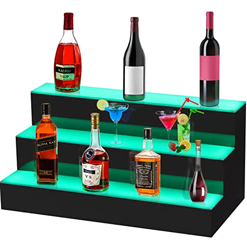 VEVOR LED Lighted Liquor Bottle Display Shelf, 24-inch LED Bar Shelves for Liquor, 3-Step Lighted Liquor Bottle Shelf for Home/Commercial Bar, Acrylic Lighted Bottle Display with Remote & App Control