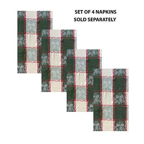 Lintex Golden Mistletoe And Ribbon Cotton Jacquard Christmas Fabric Tablecloth, Evergreen, Red Ribbon And Berry Woven Holiday And Xmas Easy Care Cotton Weave Tablecloth, 60” X 84” Oval #TOP3