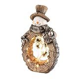 Alpine Corporation 21" Tall Snowman Statue with Carved Wood Look and 16 Warm LED Lights, Timer Function, Indoor/Outdoor Holiday Decoration for Porch or Entryway