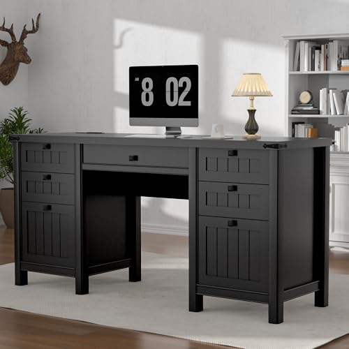 ENOUSHU Executive Desk, Modern Farmhouse Computer Desk with Drawers & Cabinet, Home Office Desk for Work Study Writing Workspace (Black, 62