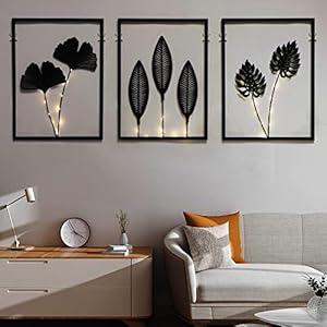 Phirown Metal Wall Art, Black Wall Decor with Light Strips 3 Pcs Modern Room Decor Rustic Farmhouse Wall Decor, Home Decor Wall for Living Room Bedroom (Vertical)