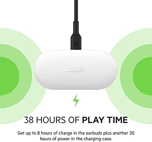 Belkin SOUNDFORM Play True Wireless Earbuds, Wireless Earphones with 3 EQ Presets, IPX5 Sweat and Water Resistant, 38 Hours Play Time for iPhone, Galaxy, Pixel and More - White