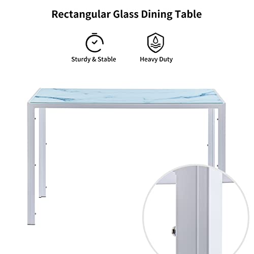 White Glass Dining Table Marble Effect Glass Kitchen Table Rectangular Resturant Table With Metal Legs, For 4 Persons,White Marble Effect #TOP2