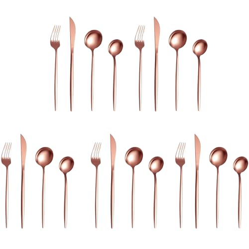Image of aDai Rosegold Silverware Set | Satin Finish 20-Piece Stainless Steel Flatware Set | Dishwasher Safe Cutlery for Home, Restaurant & Gifting