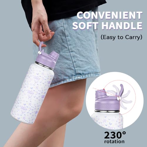 Image of 32 oz Insulated Water Bottle with Leak-proof 2-in-1 Straw and Spout Lid,Stainless Steel Sports Water Bottle with Handle,Double Wall Vacuum Metal Water Flask for Travel Camping School(Purple flower,1)