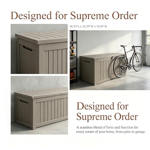 Image of Large 258 Gallon Resin Deck Box, Heavy Duty Lockable Patio Storage Box Outdoor, Waterproof Tool Box for Garden Furniture Cushions & Pool Supplies, Wood Grain Outdoor Storage Bench for Backyard