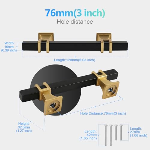 Redunest Cabinet Pulls Matte Black and Gold Cabinet Handles, 10 Pack 3 Inch Kitchen Door Cupboard Wardrobe Drawer Handles, Cabinet Hardware Bar Drawer Pulls, 76mm Hole Centers by Redunest - Image 2
