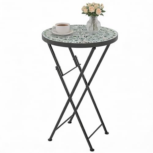 Outsunny Mosaic Outdoor Garden Table 35.5cm Round Folding Coffee Table with Metal Frame for Balcony Terrace Green
