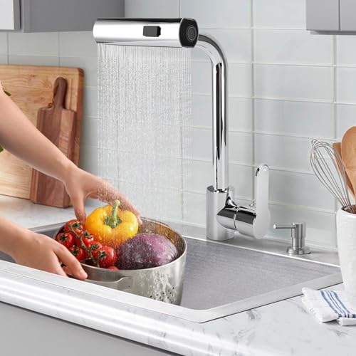 Wasserhahn Wasserfall, Vorfenster Küchenarmatur, 3 Wassermodi, Einhand Küchenspüle, Einhebelmischer, 360 Grad Drehbar, für küchenspüle, Spüle, 1,26–1,65 Zoll, (SILVER)