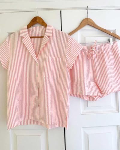 Womens Striped Pajama Set Cute Heart Pjs Sleepwear Short Sleeve Shirt and Shorts Set4