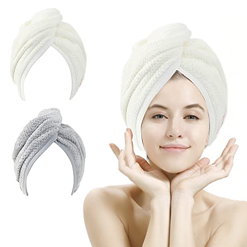 M-bestl 2 Pack Microfiber Hair Towel Wrap,Hair Drying Towel with Button, Hair Towel Turban,Quick Dry,Anti-frizz,Absorbent Head Towel (Pink&Beige)