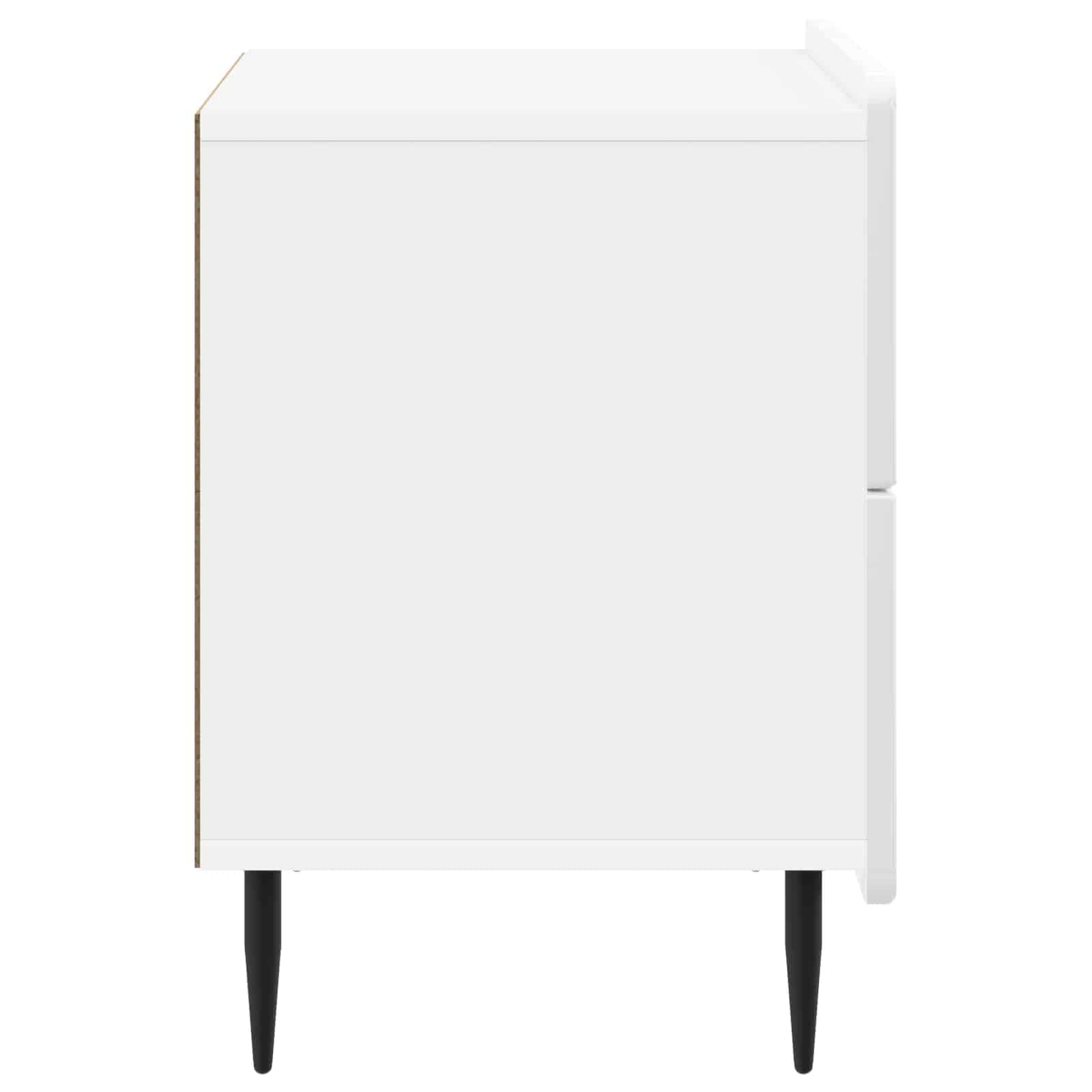 Mesita de noche moderna de color blanco brillante, 62 x 34,5 x 49,5 cm, de madera con diseño a rayas, bordes redondos y patas de hierro, mucho espacio para libros y técnica, fácil de limpiar