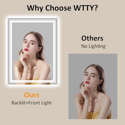 Image of WTTY LED Bathroom Mirror 32x24 Inch, Front Light and Backlit LED Mirror for Bathroom, Lighted Vanity Mirror for Wall, Stepless Dimmable, Anti-Fog, Shatter-Proof, Memory, Double LED Vanity Mirror