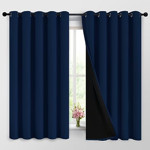 Image of Yakamok Navy Blue 100% Blackout Curtains 63 Inches Long 62 inch Wide, 2 Panels | Blackout Curtain Panels for Bedroom, 2 Thick Layers Grommet Top Thermal Insulated Drapes with Black Liner for Living Room