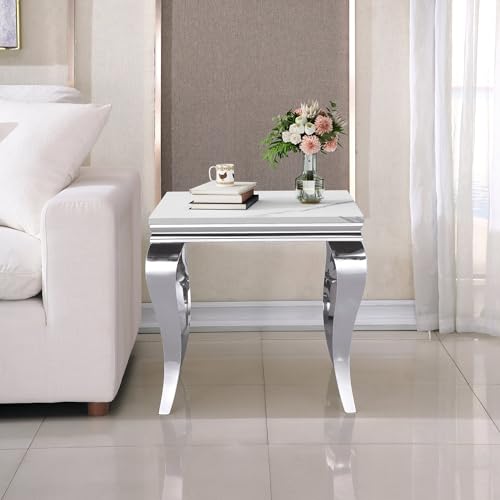 Image of Luxury Marble Side Table, Square End Table with Faux Marble Tabletop & Silver Stainless Steel S Legs, Modern Sofa Side Table for Living Room, Bedroom, Home Decor