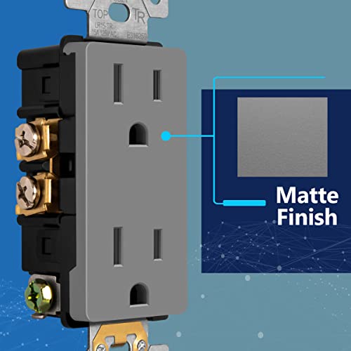 Lider Matte Finish Decorator Receptacle, Child Safe Tamper-Resistant Wall Outlet, Commercial Grade, Self-Grounding, 15A 125V, Ul Listed, Lr15-Tr-Gy, Gray #TOP1