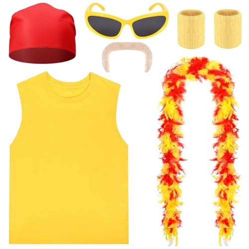 Halloween Wrestler Costume for Men Include Yellow Sleeveless T-shirt Mustache Glasses Set for Adult Halloween Cosplay (X-Large)
