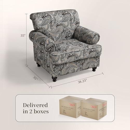 Image of Modern Accent Chair, Chenille Upholstered Armchair with Solid Wood Legs, Floral Pattern Single Sofa Chair for Living Room, Bedroom, Reading Room, Office