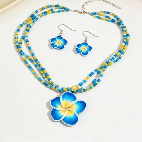 Juego de aretes hawaianos de Plumeria con collar de cuentas rosas y amarillas para mujer 4