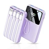 Power Bank, 15000mAh Portable Charger with Built in Cable, 22.5W Fast Charging, 6 Outputs, Slim Travel Essential Battery Pack with LED Display, Compatible with iPhone 17/16/15/14/13, iPad Purple