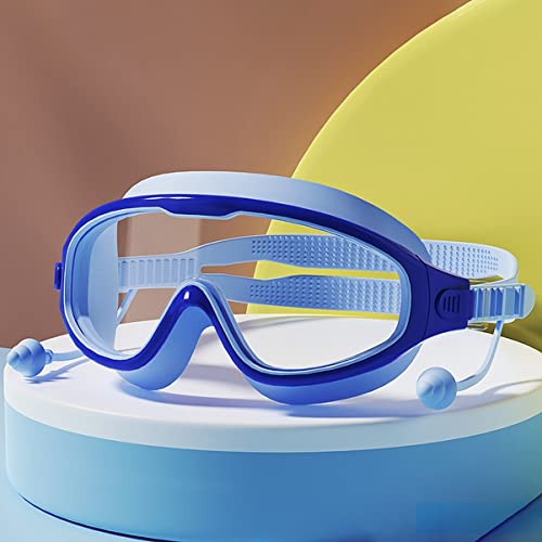 Image of wolpin Silicone Swimming Goggles with Ear Plugs for Kids & Free Protective Case Clear Lens Big Frame Competition Leakproof Swim Goggles with UV and Anti Fog Protection, Blue (3-14 Yrs)