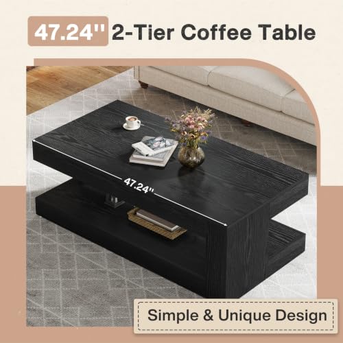 Image of Tribesigns Coffee Table for Living Room, 47.24 Inch Farmhouse 2-Tier Accent Center Tea Cocktail Table with Storage, Rectangle, Black