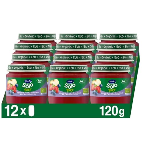 Hero Solo Bio Tarritos de Manzana, Fresa, Plátano y Arándanos 100% Ecológico, con Ingredientes Naturales para bebés desde los 4 meses - Pack de 12 x 190 gr