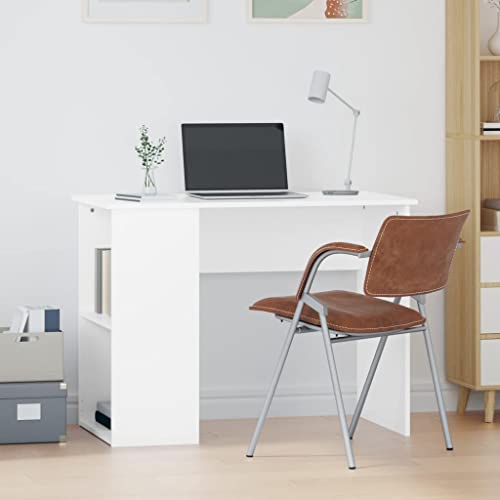Image of SooIarix White Wooden Desk, 100 x 55 x 75 cm, Computer Desk with 2 Compartments, Furniture for Study, PC Table, Gaming Desk, Practical Dining Table