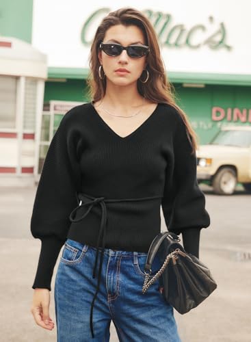 MIHOLL Womens Sweaters Trendy Sexy V Neck Puff Sleeve Pullover Dressy Casual Long Sleeve Fall Sweater Tops2