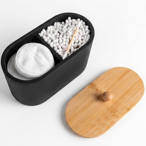 Image of Cotton Swab Holder,Round Cotton Pads Balls Qtip Holder Dispenser with Lid, 2 Compartments Qtips Holder, Tampoms Period Box Bathroom Organizers Storage Bin Floss Dispenser Vanity Cosmetics, Black