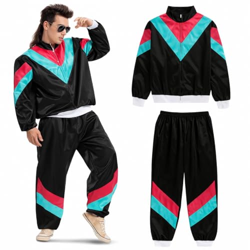 80er 90er Jahre Outfit Retro Bad Taste - Trainingsanzug Overall - Herren & Damen - Fasching & Karneval - Jogginganzug (Schwarz...