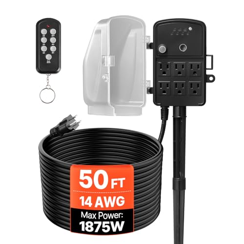 VEVOR Outdoor Power Stake Timer 50FT Extension Cord Remote Control Outdoor Power Strip with Cover Dusk to Dawn Light Timer Waterproof 6 Outlets for Halloween Christmas Lights Garden Decorations