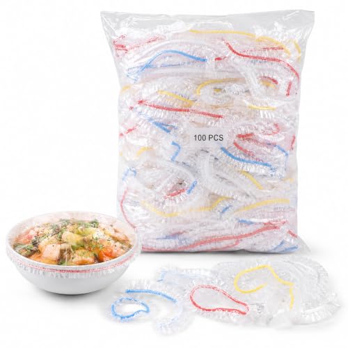 100 Count Disposable Bowl Covers with Elastic, Clear Plastic Food