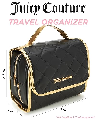 Juicy Couture Black Makeup Bag Cosmetics Organizer Travel Essentials Hanging Hook Faux Quilted Leather Gold Trim2