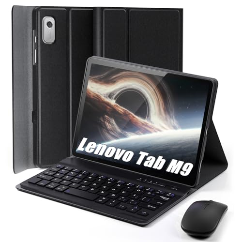 TUNKARMOR Keyboard Case for Lenovo Tab M9 2023/2024 Release 9.0" Tablet (TB-310FU/TB-310XU) - Mouse and Detachable Keyboard PU Leather Cover Case Auto Sleep/Wake - Black