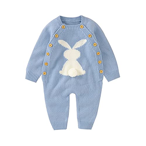 Baby Boy Girl Knitted Sweater Romper Bunny Overall Jumpsuit Long Sleeve Jumpsuit Casual Clothes Infant Easter Outfit Casual Sweater Warm Knitwear Clothes (Blue, 12-18 Months) e586c