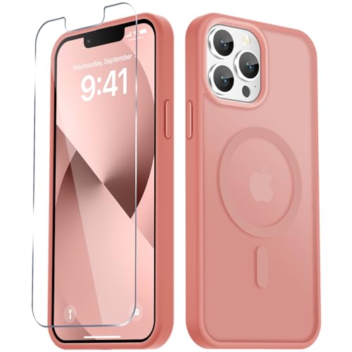 Image of YENAPOON for iPhone 13 Pro Case, Matte Magnetic Phone Cover [with 1 Screen Protector] [Support for MagSafe] [Shockproof Military Grade Protection] Translucent Frosted Back, Pink
