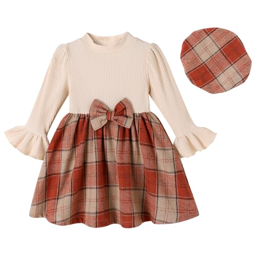 JEELLIGULAR Toddler Girl Dress Long Sleeve Knit Sweater Dress for Kids Little Girl Dresses Fall Winter Clothes Outfits(Apricot+Maple Red Plaid,6-7 Years)…