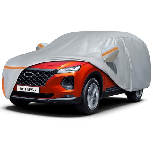 Image of Car Cover for 2006-2025 Hyundai Santa Fe, Waterproof Custom-fit Sun Rain Dust Snow All Weather Protection Windproof Outdoor Full Car Cover with Cotton Lining and Door Zipper-Grey