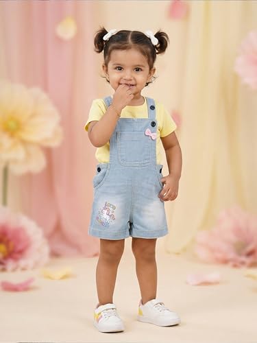 Image of KiddoPanti Unisex Infant Denim Dungaree | Cotton Blend Stretch | Baby Jumpsuit Witth Pockets | Comfortable Casual Outfit for Boys & Girls 6 Months-3 Years