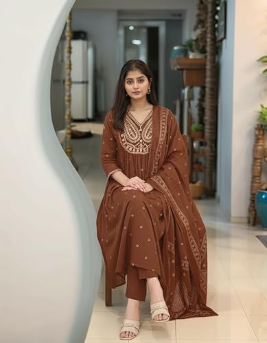 Image of ANNI Designer Women's Rayon Viscose Printed Embroidered Anarkali Kurta with Pant & Dupatta | Ethnic Kurti Set with Embroidery | Soft Comfortable Fabric | Stylish Outfit for Festive, Office