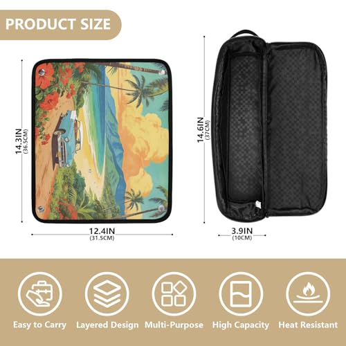 Bolso de viaje para herramientas de cabello con tapete resistente al calor removible, impermeable, portátil para planchas, rizadores y secador de cabello, diseño retro de paisaje costero miniatura 4