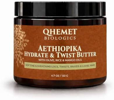 Qhemet Biologics Aethiopika Hydrate & Twist Butter - Frizz-Free Styling Butter Adds Flexible Definition to High & Low Porosity Hair - Smooth Edges, Soften & Flatten Locs, Twists & Braids (4.7 oz)