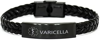 Medical Alert Braided Leather Bracelet, Varicella Awareness, SOS Emergency Health Life Alert ID Engraved Stainless Steel Adjustable Jewelry Silver Bracelet for Men Women